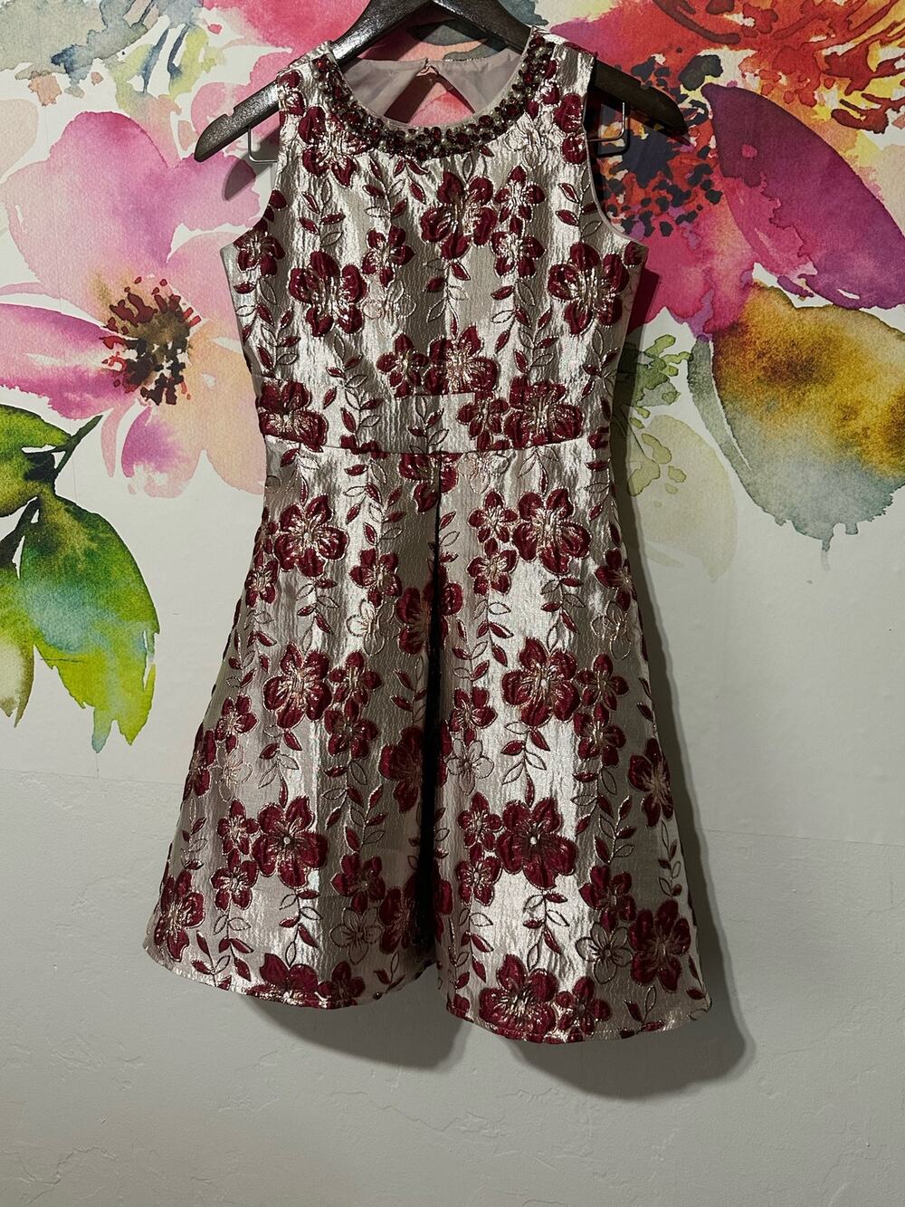 Rare Edition Kids Girls Dress Sparkling Red Floral Gold Embroidered Stones Sz 16